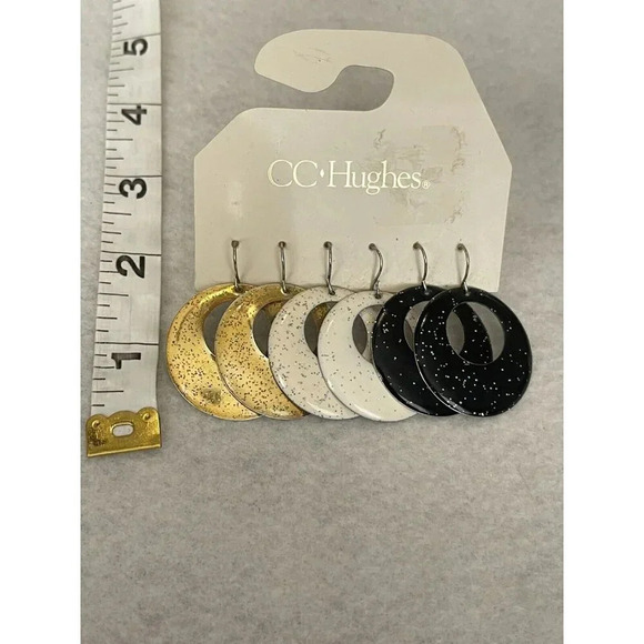 Vintage VTG CC Hughes Dangle Earrings 3 Pairs Gold Tone White Black Glitter - Picture 7 of 7